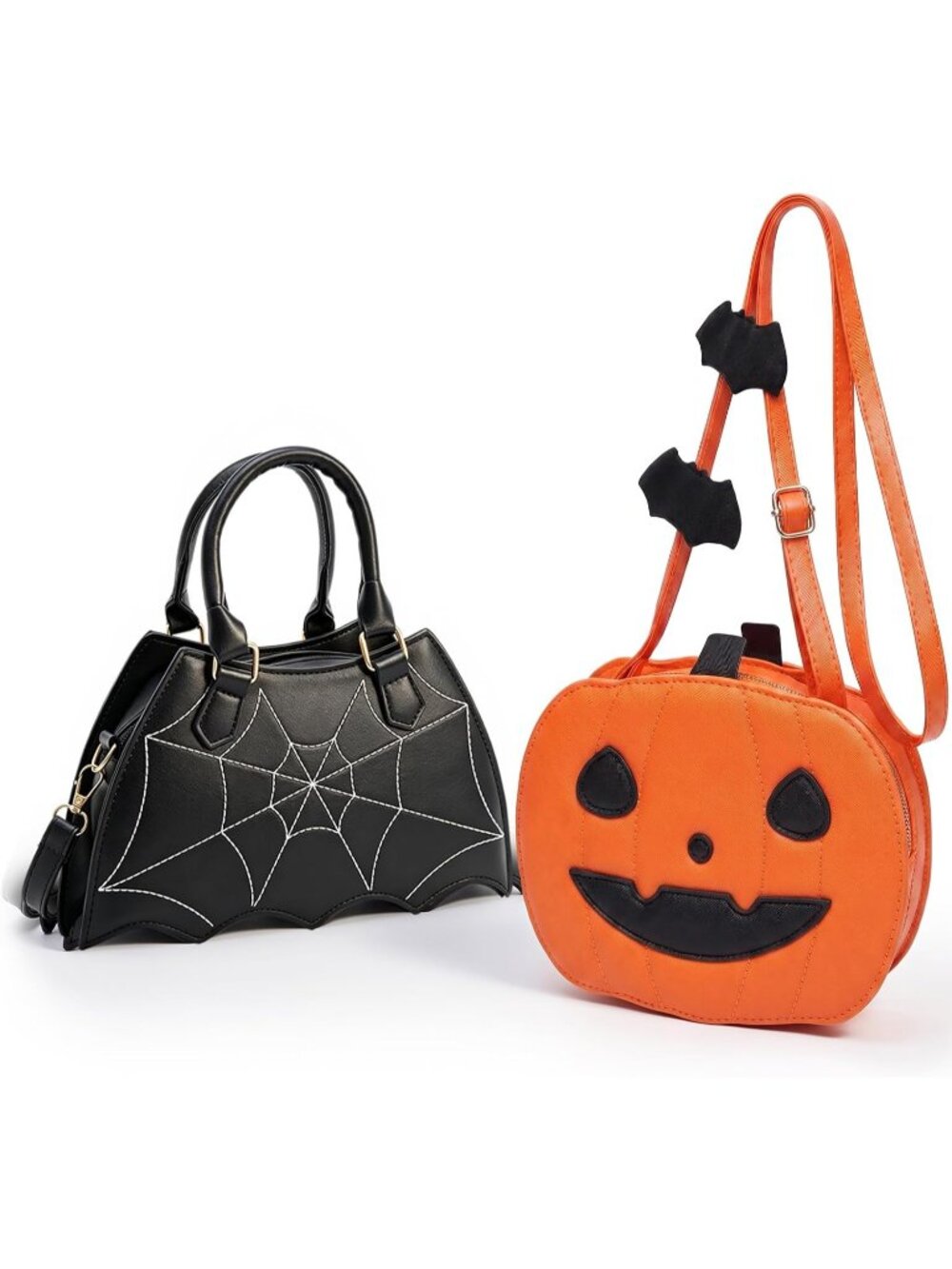 Women's Pumpkin Bat Halloween Purse Set 2 Pack Pu Leather Zipper Crossbody Bag